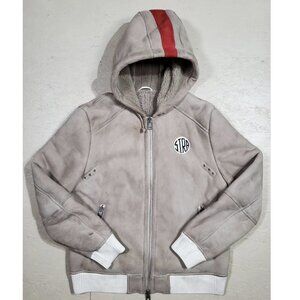 S.T.R.A. Shearling Leather Red Stripe Hooded Jacket Made in Italy | XL
